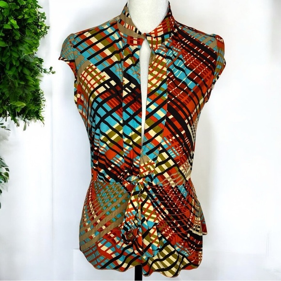 Y2K Luly K New York Tie Front Blouse Sz L Retro Geometric Print Sleeveless Top - Picture 10 of 10